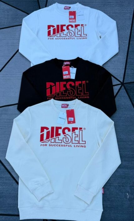 SA Diesel S-Ginn-Div Logo-Print Sweatshirt, available in several colors including off-white/white and black. This regular-fit sweatshirt is made from cotton loopback jersey and features a prominent red "DIESEL" logo with the tagline "FOR SUCCESSFUL LIVING" printed on the chest