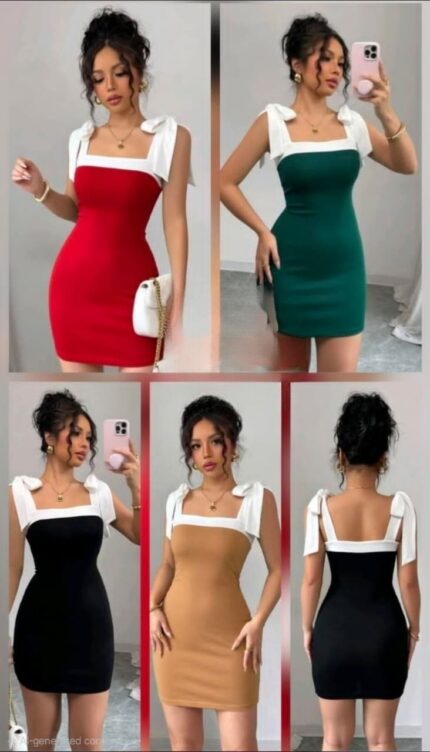 SA SJT44100312 Elegant Color-Camisole each Mini Dress, characterized by its bodycon fit, square neckline, and distinctive white bow-tie shoulder straps. This style is a popular party or "going out" option and comes in multiple colors including red, green, black, and tan