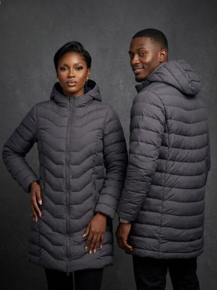 GlacierGuard Longline Puffer Jacket  This jacket features a regular longline fit with horizontal baffle quilting and a detachable hood. It is designed with a water-resistant outer shell and a soft fleece interior lining for added warmth.