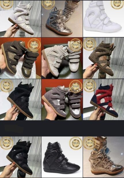 CN Factory Isabel Marant Bekett Wedge Sneaker in an all-black leather variant. Originally launched in the early 2010s, this iconic sneaker design features an integrated hidden wedge, a heavily padded tongue and collar, and a triple hook-and-loop strap closure design. 
http://detail.m./page/index.htm?offerId=903952849079